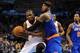 Feb 9, 2014; Oklahoma City, OK, USA; Oklahoma City Thunder small forward Kevin Durant (35) holds the ball as New York Knicks small forward Carmelo Anthony (7) defends during the fourth quarter at Chesapeake Energy Arena. Mandatory Credit: Mark D. Smith-US