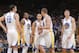 OAKLAND, CA - JANUARY 20: Andrew Bogut #12, Andre Iguodala #9, Stephen Curry #30, David Lee #10 and Klay Thompson #11 of the Golden State Warriors in a game against the Indiana Pacers on January 20, 2014 at Oracle Arena in Oakland, California. NOTE TO USE