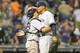 CLEVELAND, OH - JULY 7: Catcher Francisco Cervelli #29 celebrates with closing pitcher Dellin Betances #68 of the New York Yankees after the Yankees defeated the Cleveland Indians at Progressive Field on July 7, 2014 in Cleveland, Ohio. The Yankees defea