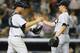 Brian McCann congratulates Robertson after he picks up his 17th save on June 17, 2014.