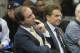 May 20, 2014; Oakland, CA, USA; Golden State Warriors co-owners Joe Lacob (left) and Peter Guber (right) watch as Steve Kerr (not pictured) addresses the media in a press conference after being introduced as the new head coach for the Warriors at the Warr