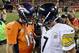 September 9 2012; Denver, CO, USA; Denver Broncos quarterback Peyton Manning (18) greets Pittsburgh Steelers quarterback Ben Roethlisberger (7) following the game at Sports Authority Field. The Broncos defeated the Steelers 31-19. Mandatory Credit: Ron Ch