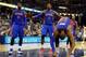 Nov 1, 2013; Memphis, TN, USA; Detroit Pistons center Andre Drummond (0) Detroit Pistons small forward Josh Smith (6) and Detroit Pistons center Greg Monroe (10) react to call against Memphis Grizzlies during the second half at FedExForum. Memphis Grizzli