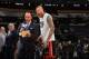 SAN ANTONIO, TX - JUNE 8: Chris Andersen #11 of the Miami Heat photobombs Eric Reid of NBA TV prior to the game against the San Antonio Spurs during Game Two of the 2014 NBA Finals on June 8, 2014 at AT&T Center in San Antonio, Texas. NOTE TO USER: User e