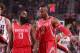 PORTLAND, OR - MAY 2: James Harden #13 and Dwight Howard #12 of the Houston Rockets walk up court in Game Six of the Western Conference Quarterfinals against the Portland Trail Blazers during the 2014 NBA Playoffs on May 2, 2014 at the Moda Center in Por