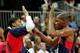 LONDON, ENGLAND - AUGUST 06: Kevin Durant #5 of United States high five Anthony Davis #14 against Argentina during the Men's Basketball Preliminary Round match on Day 10 of the London 2012 Olympic Games at the Basketball Arena on August 6, 2012 in Londo
