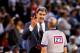 CHICAGO - MAY 13: Head coach Phil Jackson of the Chicago Bulls talks with the referee in Game Three of the Eastern Conference Semifinals during the 1994 NBA Playoffs at Chicago Stadium on May 13, 1994 in Chicago, Illinois. The Bulls won 104-102. NOTE T