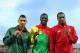 GLASGOW, SCOTLAND - JULY 30: (L-R) Silver medallist Wayde van Niekerk of South Africa, gold medallist Kirani James of Grenada and bronze medallist Lalonde Gordon of Trinidad and Tobago pose on the podium during the medal ceremony for the Mens 400 metr