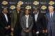EL SEGUNDO, CA - JULY 29: (L-R) Jamaal Wilkes, Kareem Abdul-Jabbar, Byron Scott, Earvin 'Magic' Johnson and Mitch Kupchak pose for a picture during a press conference to introduce Byron Scott as the new head coach of the Los Angeles Lakers on July 29, 2