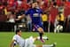Jul 29, 2014; Landover, MD, USA; Manchester United defenseman Luke Shaw (28) kicks the ball over Inter Milan defenseman Andrea Ranocchia (23) in the second half at FedEx Field. Manchester United beat Inter Milan 5-3 on penalty kicks. Mandatory Credit: Eva