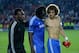 PRAGUE, CZECH REPUBLIC - AUGUST 30: Michael Essien (L) and David Luiz (R) console Romelu Lukaku of Chelsea after defeat in the UEFA Super Cup between Bayern Muenchen and Chelsea at Stadion Eden on August 30, 2013 in Prague, Czech Republic. (Photo by Sh