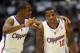 October 17, 2012; Los Angeles, CA, USA; Los Angeles Clippers guard Chris Paul (3) and guard Eric Bledsoe (12) discuss a play in the first half of the game against the Utah Jazz at the Staples Center. Mandatory Credit: Jayne Kamin-Oncea-USA TODAY Sports