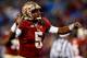CHARLOTTE, NC - DECEMBER 07: Quarterback Jameis Winston #5 of the Florida State Seminoles reacts against the Duke Blue Devils during the ACC Championship game at Bank of America Stadium on December 7, 2013 in Charlotte, North Carolina. (Photo by Streete