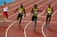 GLASGOW, SCOTLAND - JULY 31: (L-R) Danny Talbot of England, Bronze medalist Jason Livermore of Jamaica, Gold medalist Rasheed Dwyer of Jamaica and Silver medalist Warren Weir of Jamaica sprint to the line in the Men's 200 metres Final at Hampden Park dur