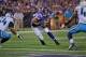 Aug 29, 2013; Minneapolis, MN, USA; Minnesota Vikings tight end Chase Ford (86) catches the ball before he fumbles it to the Tennessee Titans just before the goal line at Mall of America Field at H.H.H. Metrodome. The Titans recover the ball. Vikings win