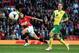 MANCHESTER, ENGLAND - APRIL 26: Javier Hernandez of Manchester United fires in a shot at goal during the Barclays Premier League match between Manchester United and Norwich City at Old Trafford on April 26, 2014 in Manchester, England. (Photo by Laurenc