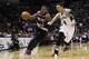 SAN ANTONIO, TX - MAY 8: Wesley Matthews #2 of the Portland Trail Blazers drives around Danny Green #4 of the San Antonio Spurs in Game Two of the Western Conference Semifinals during the 2014 NBA Playoffs at the AT&T Center on May 8, 2014 in San Antonio