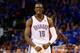 OKLAHOMA CITY, OK - MAY 25: Reggie Jackson #15 of the Oklahoma City Thunder reacts after a play in the second half against the San Antonio Spurs during Game Three of the Western Conference Finals of the 2014 NBA Playoffs at Chesapeake Energy Arena on May