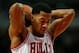 CHICAGO, IL - NOVEMBER 08: Derrick Rose #1 of the Chicago Bulls shoots a free throw against the Utah Jazz at the United Center on November 8, 2013 in Chicago, Illinois. The Bulls defeated the Jazz 97-73. NOTE TO USER: User expressly acknowledges and agre