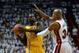 May 30, 2014; Miami, FL, USA; Indiana Pacers guard Lance Stephenson (1) is pressured by Miami Heat guard Ray Allen (34) in game six of the Eastern Conference Finals of the 2014 NBA Playoffs at American Airlines Arena. Mandatory Credit: Steve Mitchell-USA