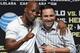 LAS VEGAS, NV - JULY 11: Boxer Bernard Hopkins (L) and President of Golden Boy Promotions Oscar De La Hoya pose as they are introduced at the official weigh-in for Canelo Alvarez and Erislandy Lara at the MGM Grand Garden Arena on July 11, 2014 in Las Ve