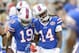 CANTON, OH - AUGUST 3: Wide receiver Mike Williams #19 and wide receiver Sammy Watkins #14 of the Buffalo Bills talks prior to the game against against the New York Giants at the 2014 NFL Hall of Fame Game at Fawcett Stadium on August 3, 2014 in Canton, O