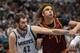 Nov 13, 2013; Minneapolis, MN, USA; Minnesota Timberwolves power forward Kevin Love (42) and Cleveland Cavaliers center Anderson Varejao (17) battle for position in the second quarter at Target Center. Mandatory Credit: Brad Rempel-USA TODAY Sports