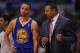 LOS ANGELES, CA - APRIL 29: Mark Jackson of the Golden State Warriors directs Stephen Curry #30 during Game Five of the Western Conference Quarterfinals against the Los Angeles Clippers at Staples Center on April 29, 2014 in Los Angeles, California. NOTE