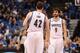 MINNEAPOLIS, MN - April 16: Kevin Love #42 and Ricky Rubio #9 of the Minnesota Timberwolves talk against the Utah Jazz on April 16, 2014 at Target Center in Minneapolis, Minnesota. NOTE TO USER: User expressly acknowledges and agrees that, by downloadin