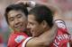 ANN ARBOR, MI - AUGUST 2: Javier Hernandez #14 of Manchester United celebrates his second half goal with Shinji Kagawa #26 during the Guinness International Champions Cup at Michigan Stadium on August 2, 2014, in Ann Arbor, Mich (Photo by Duane Burleson/