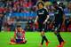 MADRID, SPAIN - APRIL 22: Diego Costa of Club Atletico de Madrid reacts as David Luiz and John Obi Mikel of Chelsea look on during the UEFA Champions League Semi Final first leg match between Club Atletico de Madrid and Chelsea at Vicente Calderon Stadiu