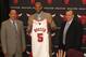 DEERFIELD , IL - JULY 09: (L-R) General Manager Gar Forman, Carlos Boozer #5, and Head Coach Tom Thibodeau of the Chicago Bulls pose for a photograph following Boozer's signing as a free agent on July 9, 2010 at the Berto Center in Deerfield, Illinois.