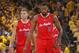 OAKLAND, CA - MAY 1: DeAndre Jordan #6 and Blake Griffin #32 of the Los Angeles Clippers walk onto the court as they face the Golden State Warriors in Game Six of the Western Conference Quarterfinals during the 2014 NBA Playoffs at Oracle Arena on May 1,