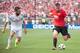 Aug 2, 2014; Ann Arbor, MI, USA; Manchester United defender Luke Shaw (28) and Real Madrid defender Daniel Carvajal (15) during the second half at Michigan Stadium. Mandatory Credit: Tim Fuller-USA TODAY Sports