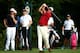 LOUISVILLE, KY - AUGUST 05: Phil Mickelson of the United States hits a tee shot as Keegan Bradley of the United States and Brendan Steele of the United States look on during a practice round prior to the start of the 96th PGA Championship at Valhalla Gol