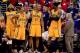 WASHINGTON, DC - MAY 15: George Hill #3, David West #21 and Roy Hibbert #55 of the Indiana Pacers celebrate in the final minutes of their win over the Washington Wizards during Game Six of the Eastern Conference Semifinals during the 2014 NBA Playoffs at