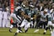 Philadelphia Eagle's QB Donovan McNabb with the ball during the first quarter of Super Bowl XXXIX between the Eagles and the New England Patriots at Alltel Stadium in Jacksonville, Florida on February 6, 2005. (Photo by Al Messerschmidt/Getty Images)