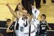 Jun 15, 2014; San Antonio, TX, USA; San Antonio Spurs guard Manu Ginobili (20) celebrates after defeating the Miami Heat in game five of the 2014 NBA Finals at AT&T Center. The Spurs defeated the Heat 104-87 to win the NBA Finals. Mandatory Credit: Brenda