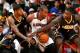 ATLANTA, GA - APRIL 24: Paul George #24 and Lance Stephenson #1 of the Indiana Pacers defend against Paul Millsap #4 of the Atlanta Hawks in Game 3 of the Eastern Conference Quarterfinals during the 2014 NBA Playoffs at Philips Arena on April 24, 2014 in