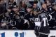 LOS ANGELES, CA - MAY 24: Tyler Toffoli #73 of the Los Angeles Kings celebrates with teammates after scoring a second period goal against the Chicago Blackhawks in Game Three of the Western Conference Final during the 2014 Stanley Cup Playoffs at Staples