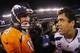 EAST RUTHERFORD, NJ - FEBRUARY 02: (L-R) Quarterback Peyton Manning #18 of the Denver Broncos congratulates quarterback Russell Wilson #3 of the Seattle Seahawks on their 43-8 win during Super Bowl XLVIII at MetLife Stadium on February 2, 2014 in East Ru