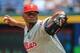 Jun 18, 2014; Atlanta, GA, USA; Philadelphia Phillies starting pitcher Roberto Hernandez (27) pitches in the first inning against the Atlanta Braves at Turner Field. Mandatory Credit: Daniel Shirey-USA TODAY Sports