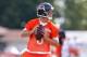 Jul 25, 2014; Chicago, IL, USA; Chicago Bears quarterback Jimmy Clausen throws a pass during training camp at Olivet Nazarene University. Mandatory Credit: Jerry Lai-USA TODAY Sports