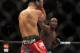 Apr 27, 2013; Newark, NJ, USA; Gian Villante ( red shorts) competes against Ovince St. Preux (black shorts) during UFC 159 at the Prudential Center. Mandatory Credit: Brad Penner-USA TODAY Sports