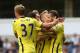 LONDON, ENGLAND - AUGUST 09: Roberto Soldado (R) of Spurs celebrates his goal with team mates during a pre season friendly match between Tottenham Hotspur and FC Schalke at White Hart Lane on August 9, 2014 in London, England. (Photo by Jan Kruger/Getty