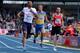 BRAUNSCHWEIG, GERMANY - JUNE 21: (L-R) Jimmy Vicaut of France, Vitaly Korzh of Ukraine and Ramil Guliyev of Turkey compete in the Men's 100m during first day of the European Athletics Team Championship at Eintracht Stadium on June 21, 2014 in Braunschwei