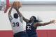 LAS VEGAS, NV - JULY 29: Tobias Harris #39 of the USA Basketball Men's Select Team shoots against Kenneth Faried #33 of the USA Basketball Men's National Team during practice at the Mendenhall Center at the University of Nevada, Las Vegas on July 29, 2014