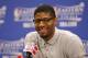 May 28, 2014; Indianapolis, IN, USA; Indiana Pacers forward Paul George answers questions during a press conference following game five against the Miami Heat of the Eastern Conference Finals of the 2014 NBA Playoffs at Bankers Life Fieldhouse. Indiana de