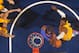 INDIANAPOLIS - APRIL 2: Roy Hibbert #55 of the Indiana Pacers blocks a shot against Josh Smith #6 of the Detroit Pistons at Bankers Life Fieldhouse on April 2, 2014 in Indianapolis, Indiana. NOTE TO USER: User expressly acknowledges and agrees that, by d