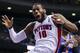 Nov 19, 2013; Auburn Hills, MI, USA; Detroit Pistons power forward Greg Monroe (10) reacts to being fouled in the fourth quarter against the New York Knicks at The Palace of Auburn Hills. Detroit 92-86. Mandatory Credit: Rick Osentoski-USA TODAY Sports